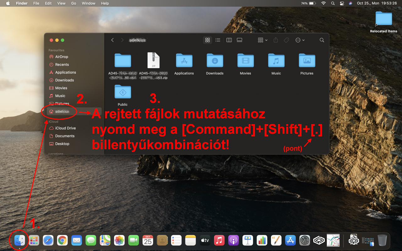 Nyisd meg a Finder-t, és abban a saját profilodat, majd a rejtett fájlok mutatásához nyomd meg a [Command]+[Shift]+[.] (pont) billentyűkombinációt!